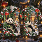 Digital mockup: front and back of one AlohaVero Christmas Panda Emerald Bamboo Ruby Lantern Temple No Pocket Hawaiian shirt