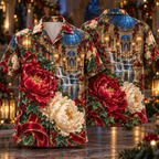 Digital mockup: front and back of one AlohaVero Christmas Ruby Peony Ivory Ribbon Emerald Ivy Sapphire Lantern Cascade Oval Gallery No Pocket Hawaiian shirt