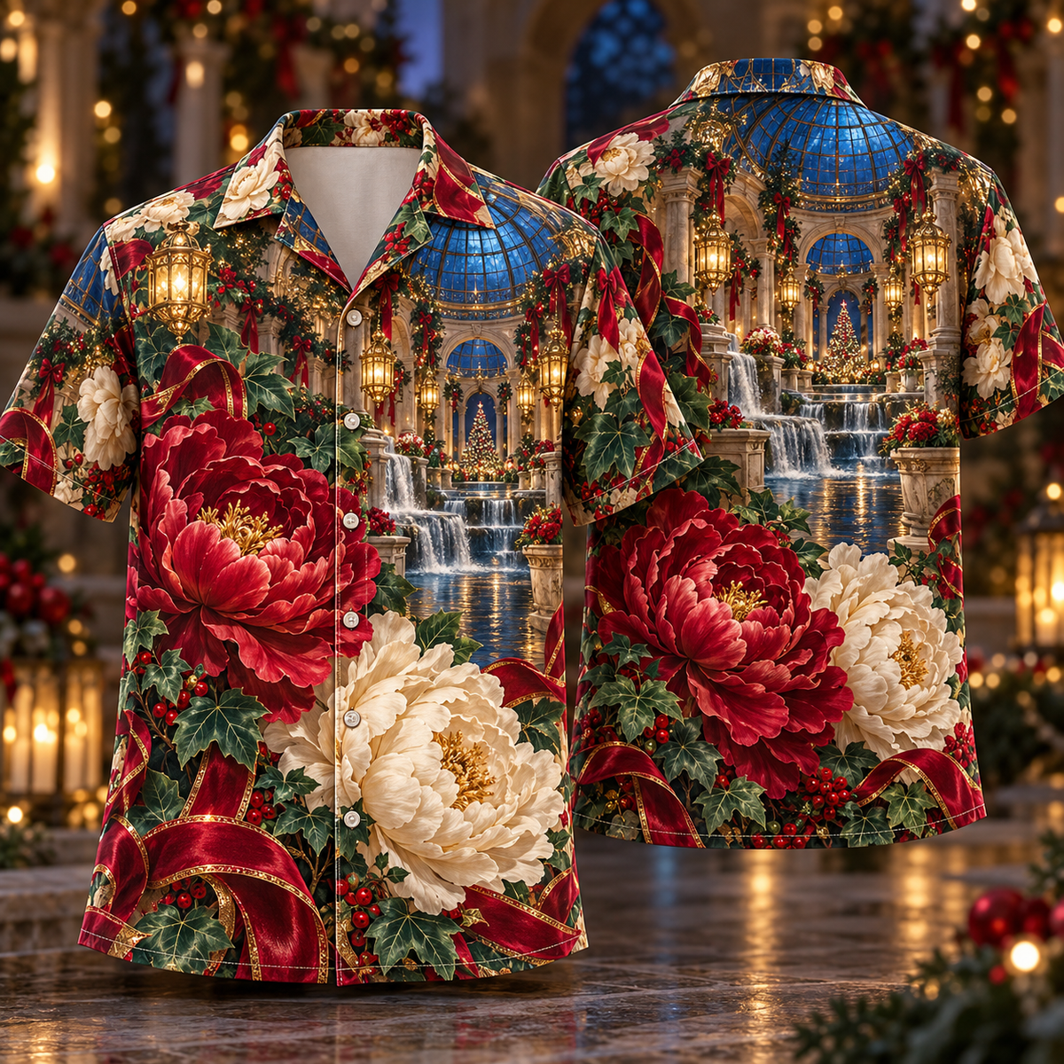 Digital mockup: front and back of one AlohaVero Christmas Ruby Peony Ivory Ribbon Emerald Ivy Sapphire Lantern Cascade Oval Gallery No Pocket Hawaiian shirt