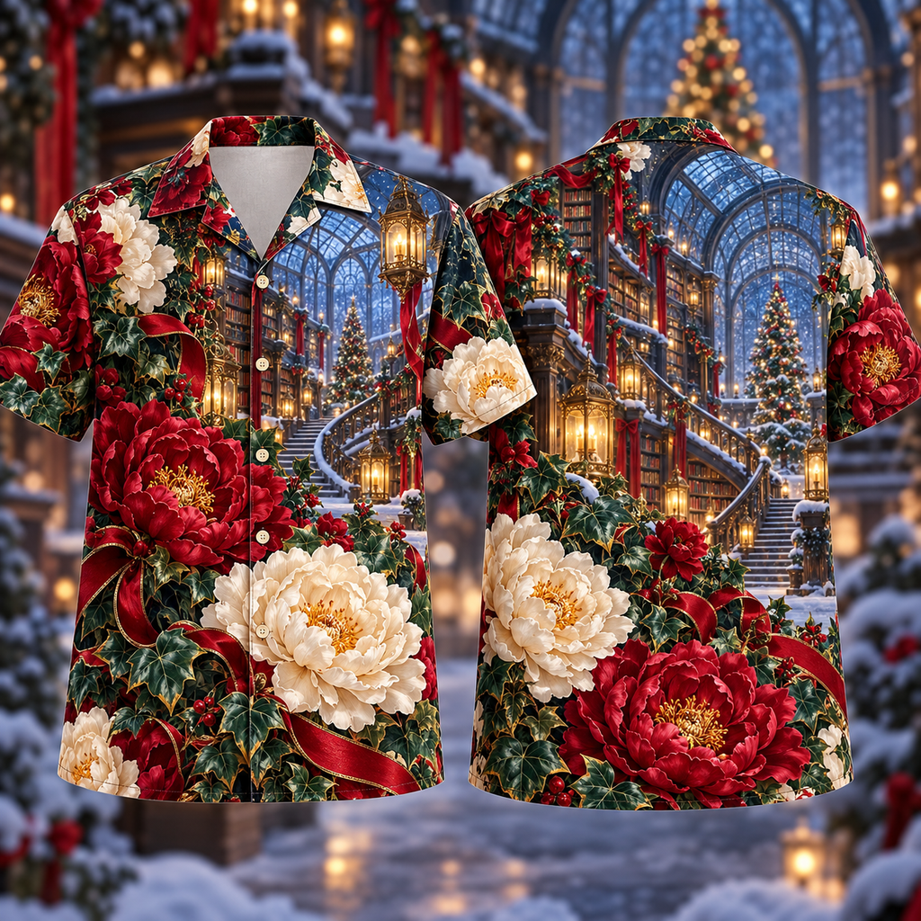 Digital mockup: front and back of one AlohaVero Christmas Ruby Peony Ivory Ribbon Emerald Ivy Sapphire Lantern Glass Library No Pocket Hawaiian shirt