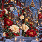 Digital mockup: front and back of one AlohaVero Christmas Ruby Peony Ivory Ribbon Emerald Ivy Sapphire Lantern Glass Library No Pocket Hawaiian shirt