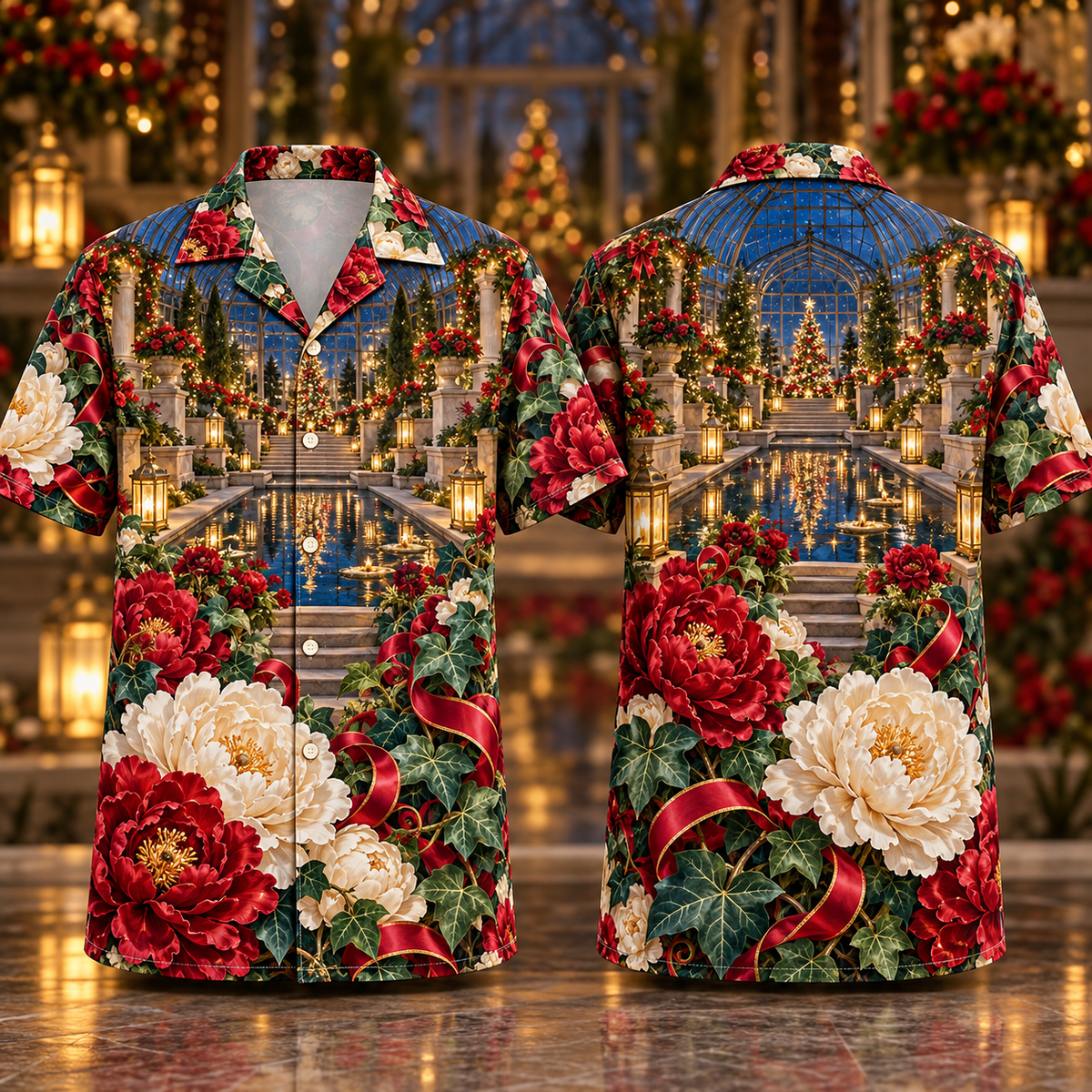 Digital mockup: front and back of one AlohaVero Christmas Ruby Peony Ivory Ribbon Emerald Ivy Sapphire Lantern Sunken Garden No Pocket Hawaiian shirt