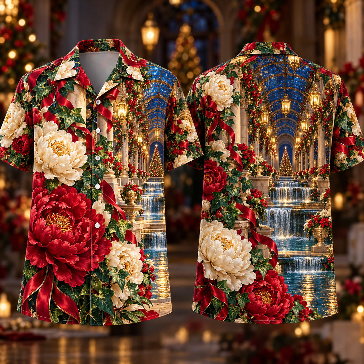 Digital mockup: front and back of one AlohaVero Christmas Ruby Peony Ivory Ribbon Emerald Ivy Sapphire Lantern Waterfall Gallery No Pocket Hawaiian shirt