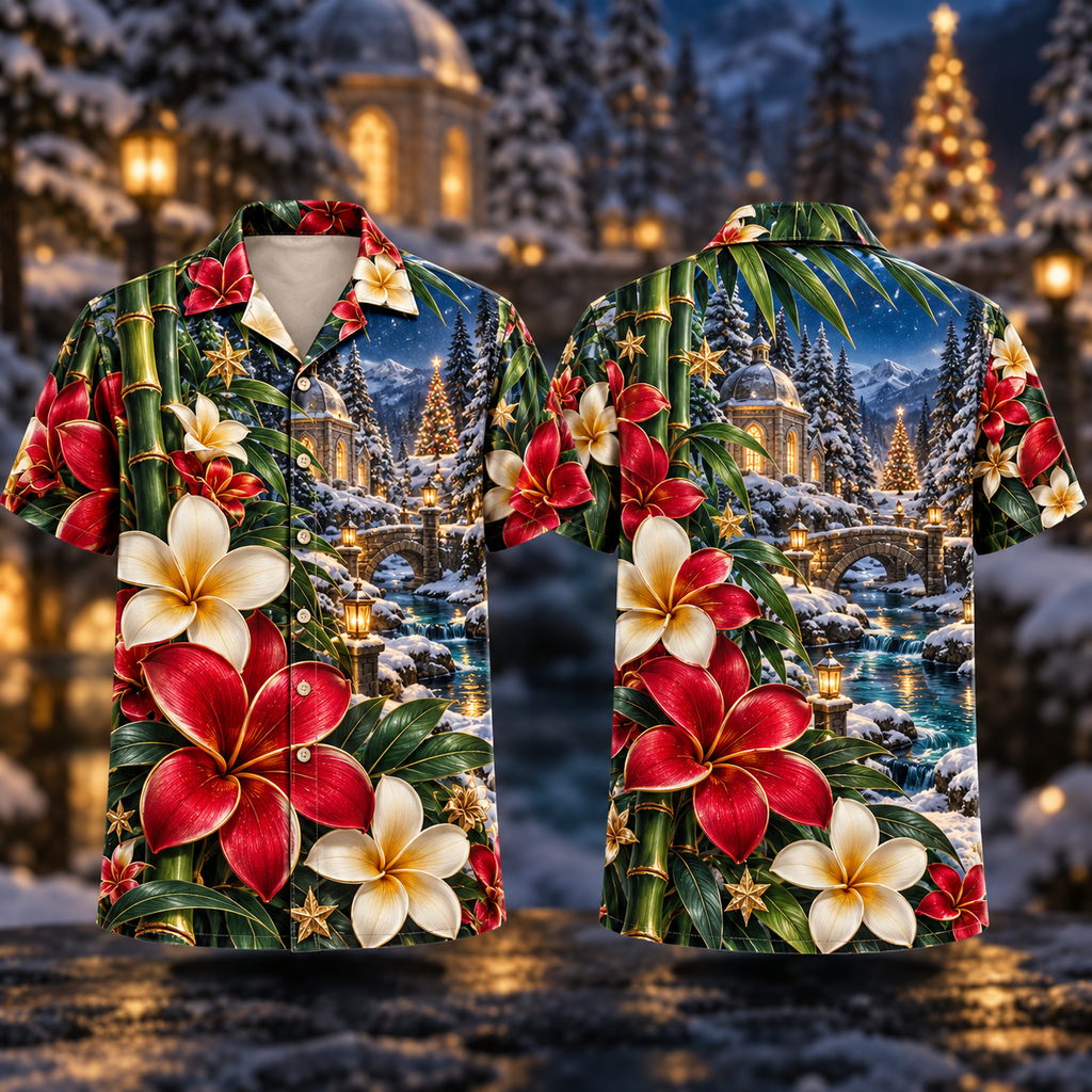 Digital mockup: front and back of one AlohaVero Christmas Ruby Plumeria Ivory Star Emerald Bamboo Sapphire Snowy Lantern Forest Sanctuary No Pocket Hawaiian shirt