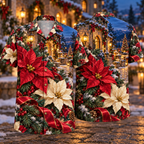 Digital mockup: front and back of one AlohaVero Christmas Ruby Poinsettia Ivory Ribbon Emerald Fir Sapphire Lantern Snowy Cottage Courtyard No Pocket Hawaiian shirt