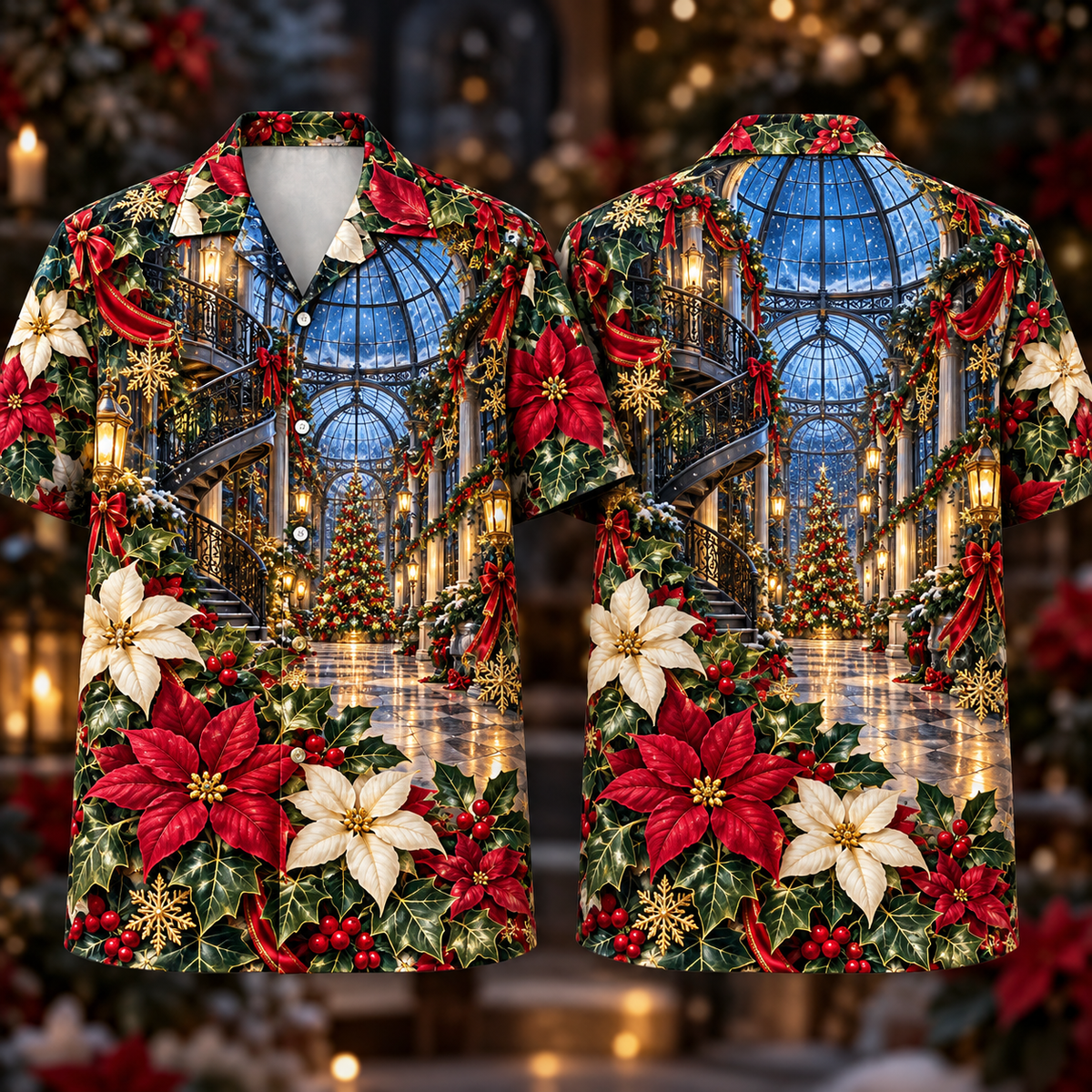 Digital mockup: front and back of one AlohaVero Christmas Ruby Poinsettia Ivory Ribbon Emerald Ivy Sapphire Lantern Snowy Spiral Glasshouse No Pocket Hawaiian shirt