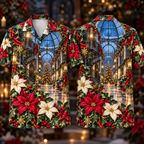 Digital mockup: front and back of one AlohaVero Christmas Ruby Poinsettia Ivory Ribbon Emerald Ivy Sapphire Lantern Snowy Spiral Glasshouse No Pocket Hawaiian shirt