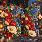 Digital mockup: front and back of one AlohaVero Christmas Ruby Poppy Ivory Star Emerald Bamboo Sapphire Snowy Lantern Castle Bridge No Pocket Hawaiian shirt