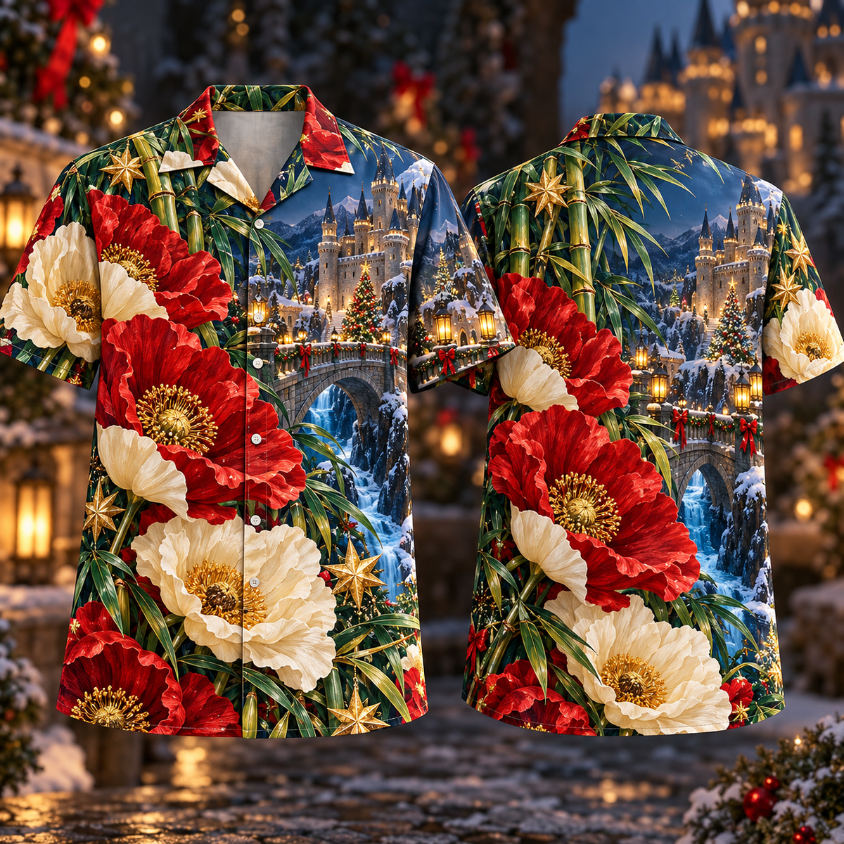 Digital mockup: front and back of one AlohaVero Christmas Ruby Poppy Ivory Star Emerald Bamboo Sapphire Snowy Lantern Castle Bridge No Pocket Hawaiian shirt