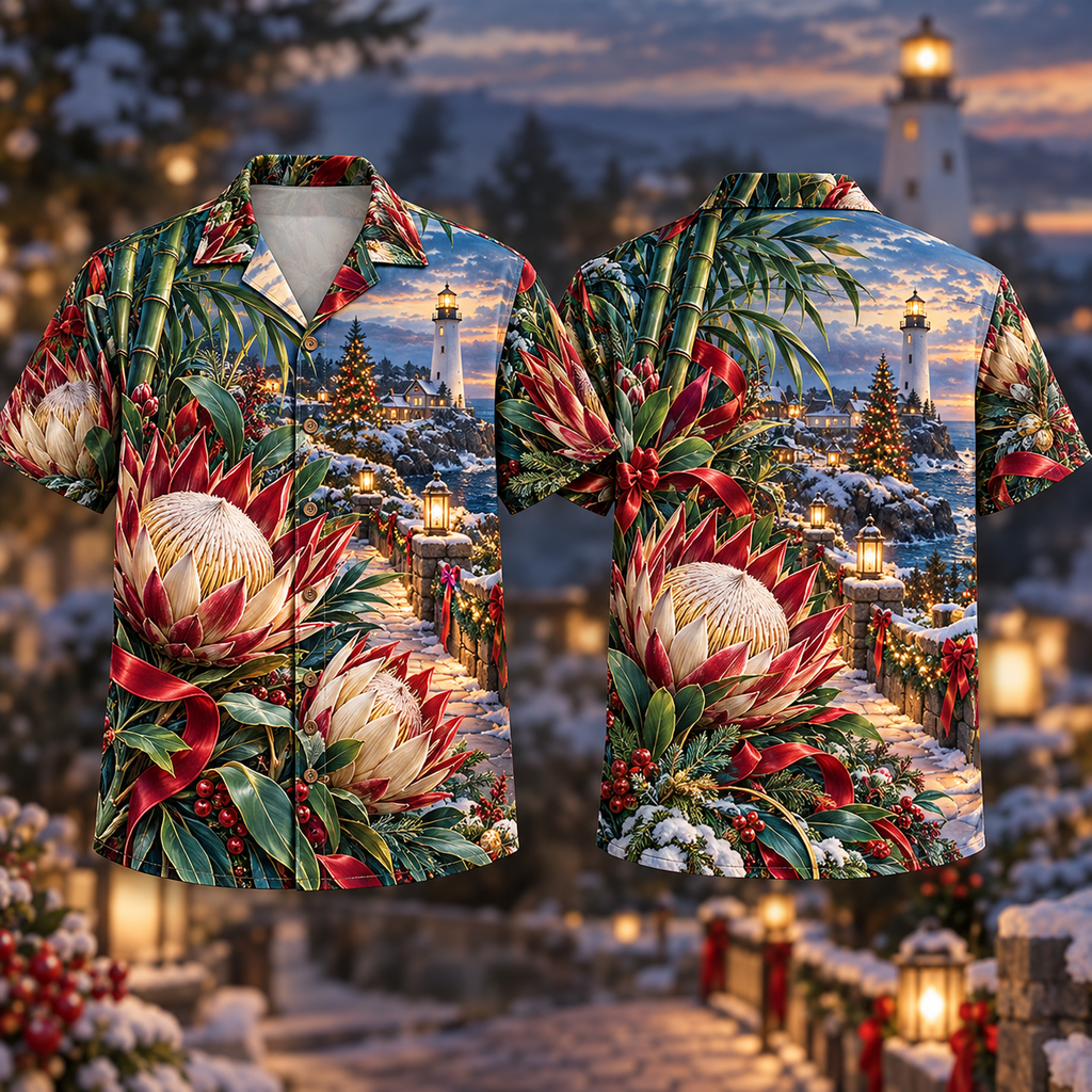 Digital mockup: front and back of one AlohaVero Christmas Ruby Protea Ivory Ribbon Emerald Bamboo Sapphire Lighthouse Garden No Pocket Hawaiian shirt