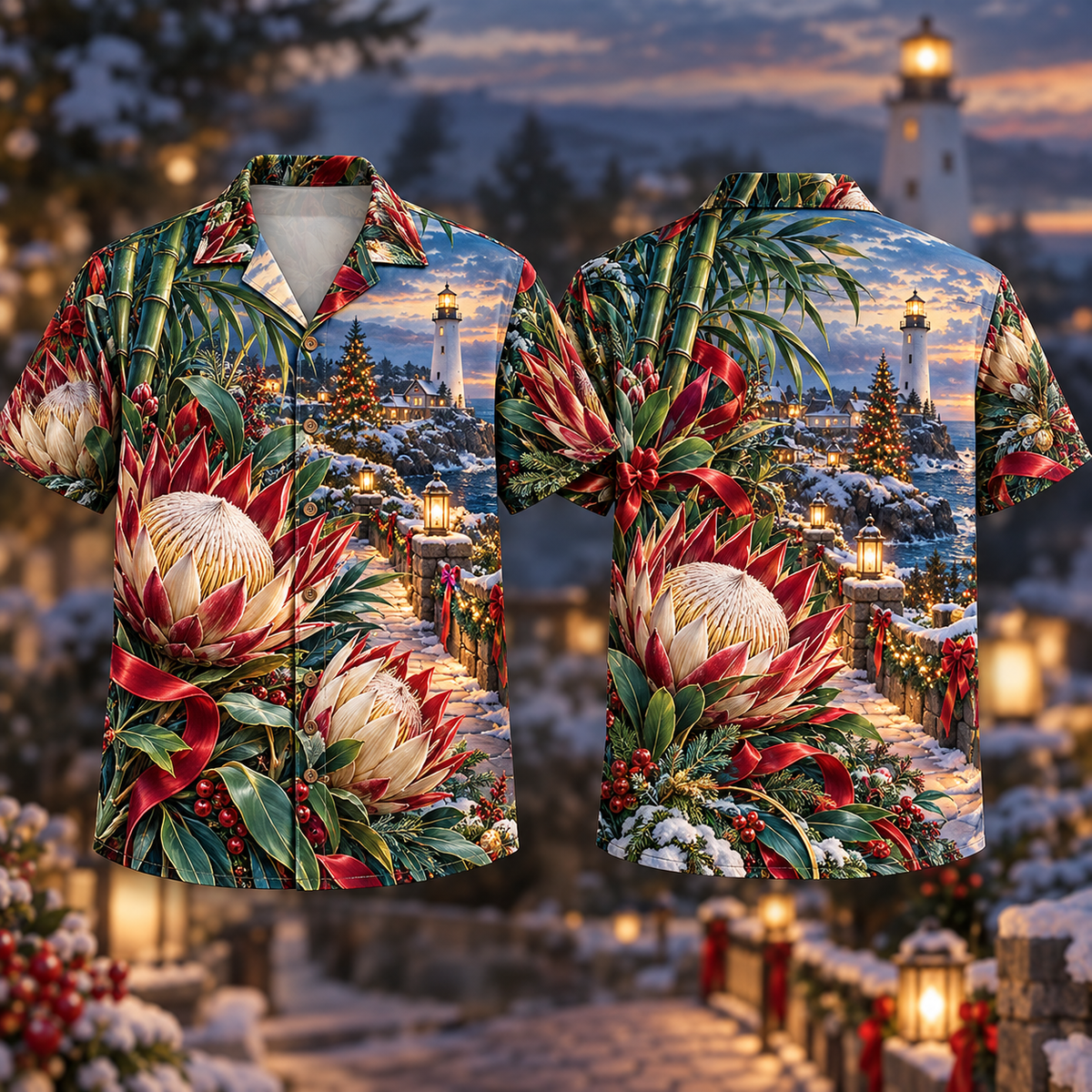 Digital mockup: front and back of one AlohaVero Christmas Ruby Protea Ivory Ribbon Emerald Bamboo Sapphire Lighthouse Garden No Pocket Hawaiian shirt