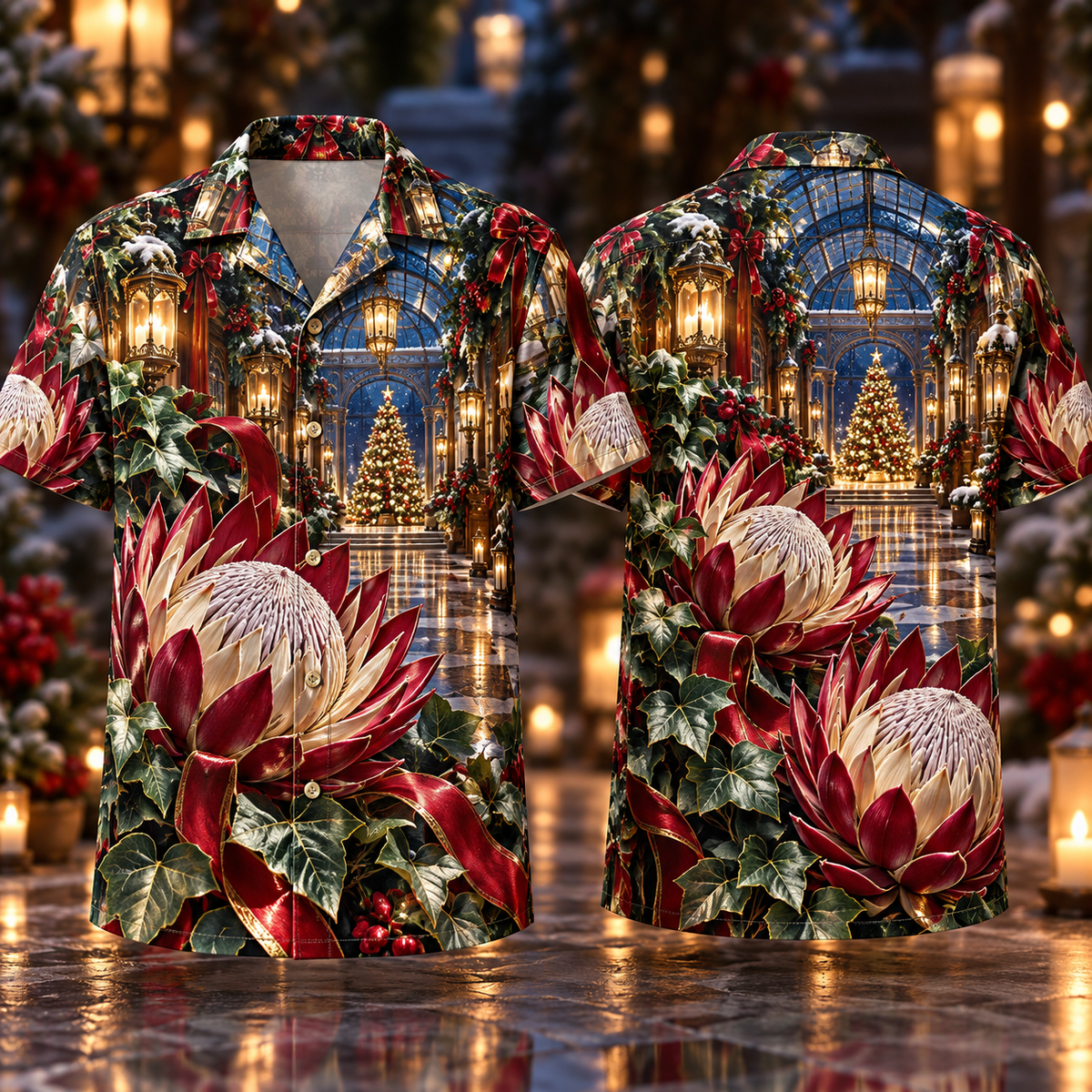 Digital mockup: front and back of one AlohaVero Christmas Ruby Protea Ivory Ribbon Emerald Ivy Sapphire Lantern Mirrored Pavilion No Pocket Hawaiian shirt