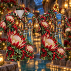 Digital mockup: front and back of one AlohaVero Christmas Ruby Protea Ivory Ribbon Emerald Ivy Sapphire Lantern Tiered Canal Grotto No Pocket Hawaiian shirt