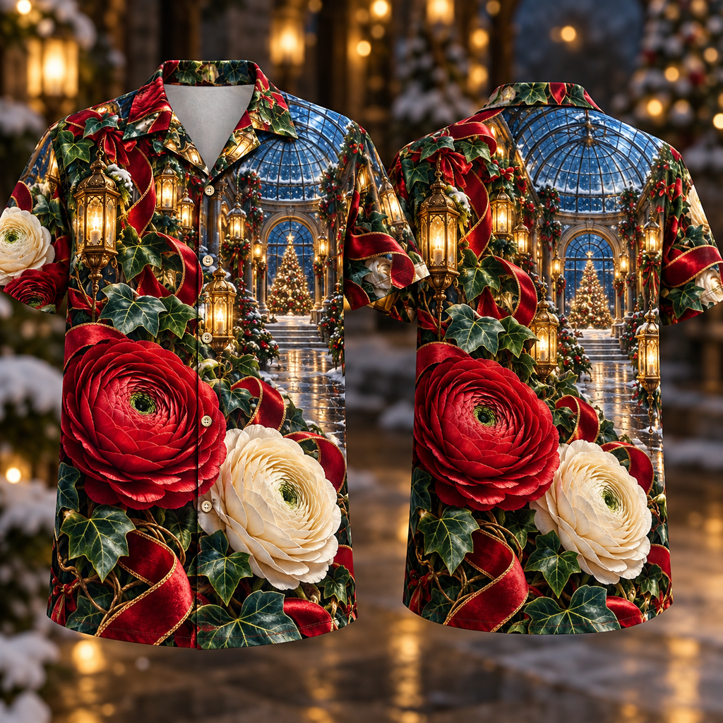 Digital mockup: front and back of one AlohaVero Christmas Ruby Ranunculus Ivory Ribbon Emerald Ivy Sapphire Lantern Dome Arcade No Pocket Hawaiian shirt