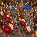 Digital mockup: front and back of one AlohaVero Christmas Ruby Ranunculus Ivory Ribbon Emerald Ivy Sapphire Lantern Waterfall Atrium No Pocket Hawaiian shirt