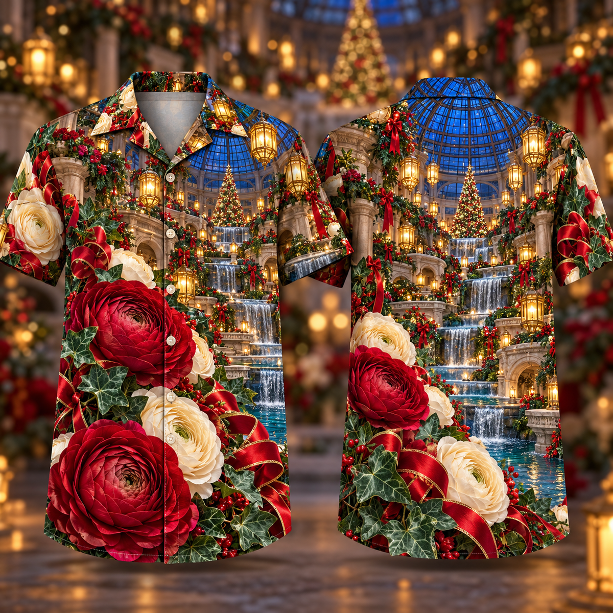 Digital mockup: front and back of one AlohaVero Christmas Ruby Ranunculus Ivory Ribbon Emerald Ivy Sapphire Lantern Waterfall Atrium No Pocket Hawaiian shirt