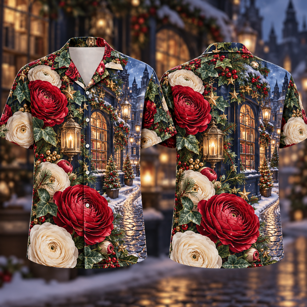 Digital mockup: front and back of one AlohaVero Christmas Ruby Ranunculus Ivory Star Emerald Ivy Sapphire Lantern Bookshop No Pocket Hawaiian shirt