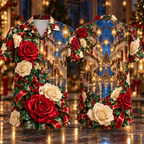 Digital mockup: front and back of one AlohaVero Christmas Ruby Rose Ivory Ribbon Emerald Holly Sapphire Lantern Curved Staircase Hall No Pocket Hawaiian shirt