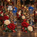 Digital mockup: front and back of one AlohaVero Christmas Ruby Rose Ivory Ribbon Emerald Ivy Sapphire Lantern Spiral Watergarden No Pocket Hawaiian shirt