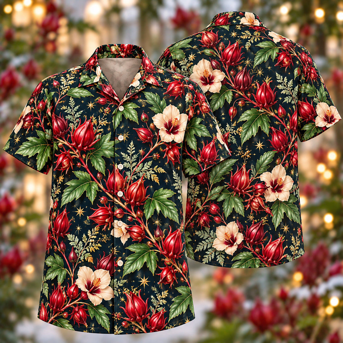 Digital mockup: front and back of one AlohaVero Christmas Ruby Roselle Navy Aloha No Pocket Hawaiian shirt