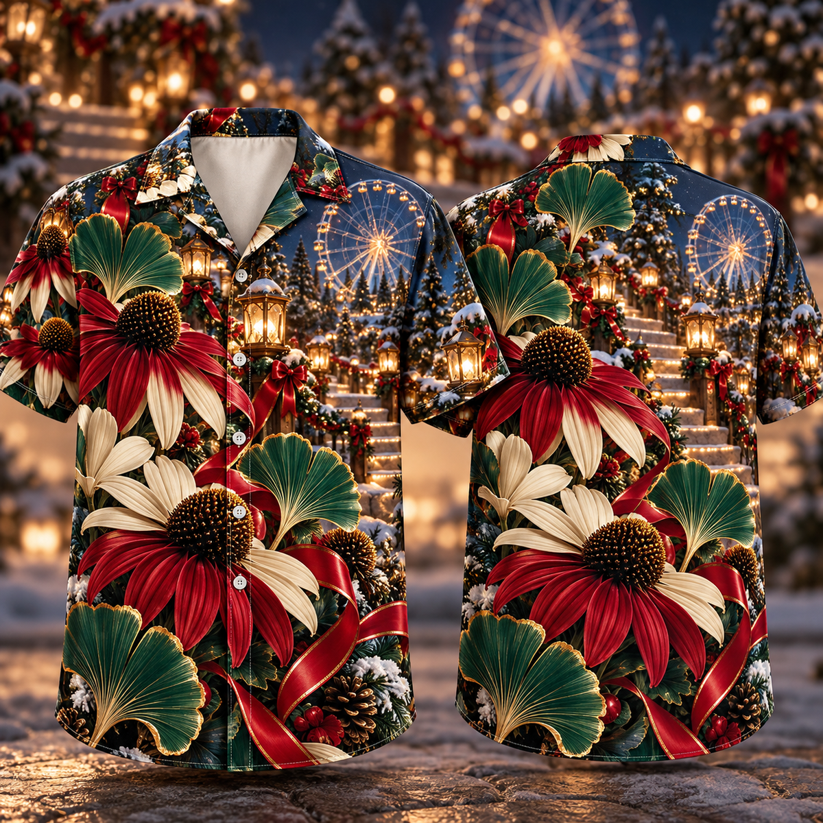 Digital mockup: front and back of one AlohaVero Christmas Ruby Rudbeckia Ivory Ribbon Emerald Ginkgo Sapphire Snowy Ferris Wheel No Pocket Hawaiian shirt