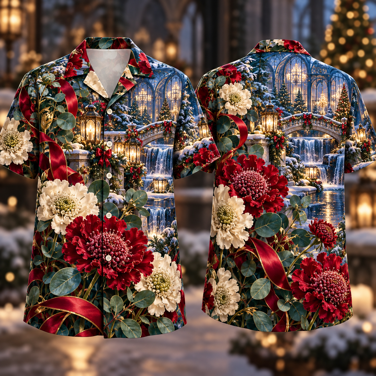 Digital mockup: front and back of one AlohaVero Christmas Ruby Scabiosa Ivory Ribbon Emerald Eucalyptus Sapphire Waterfall Conservatory No Pocket Hawaiian shirt