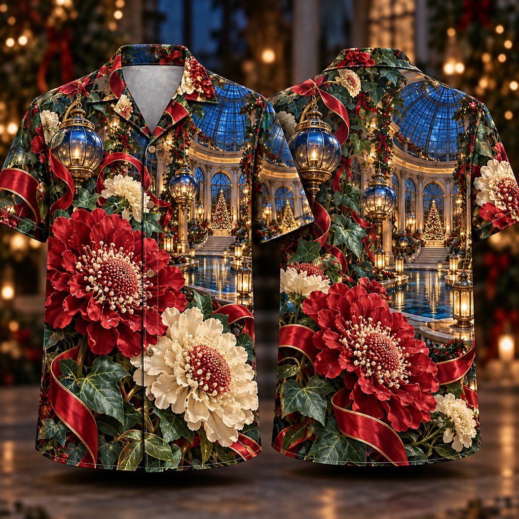 Digital mockup: front and back of one AlohaVero Christmas Ruby Scabiosa Ivory Ribbon Emerald Ivy Sapphire Lantern Glass Rotunda No Pocket Hawaiian shirt