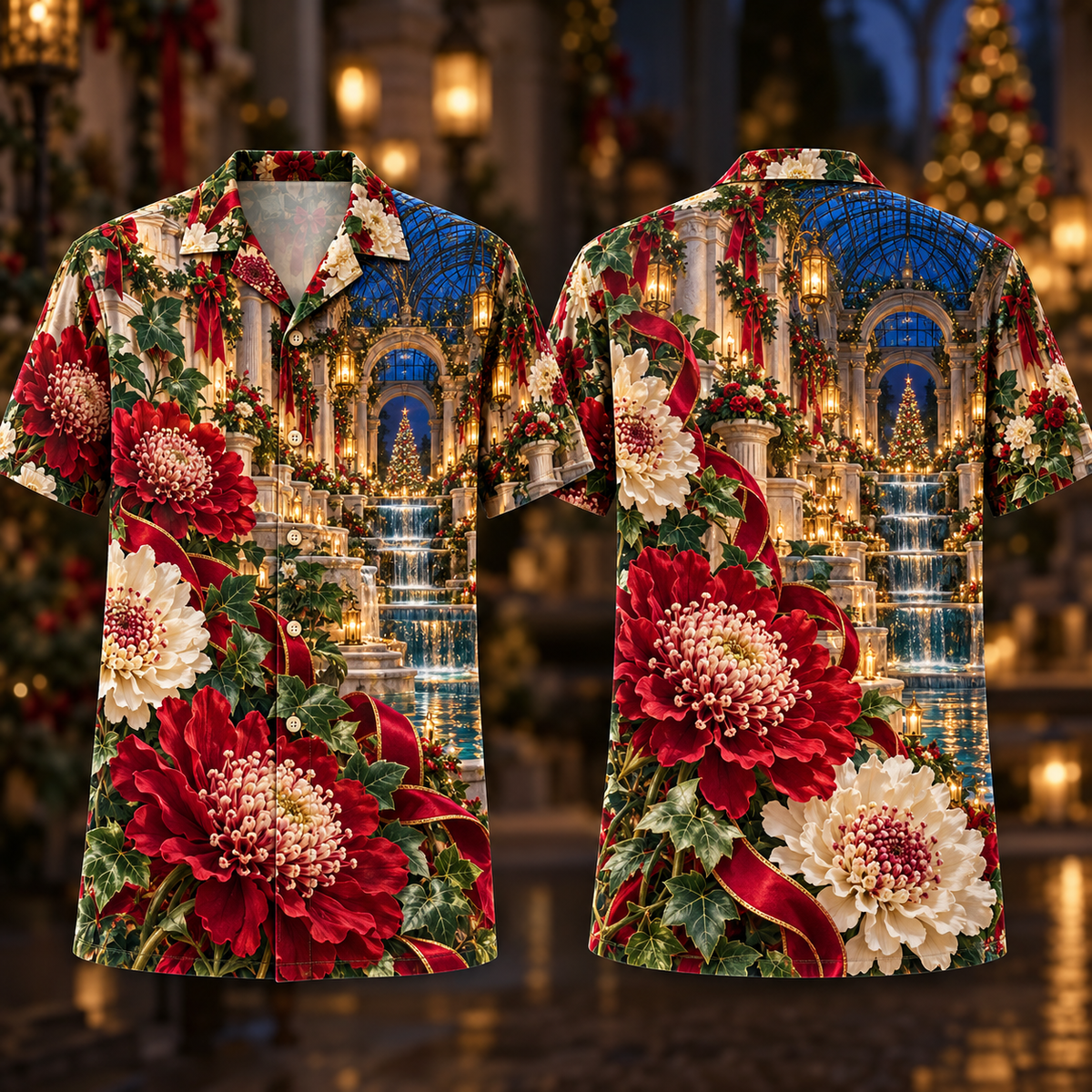 Digital mockup: front and back of one AlohaVero Christmas Ruby Scabiosa Ivory Ribbon Emerald Ivy Sapphire Lantern Tiered Waterfall Arcade No Pocket Hawaiian shirt