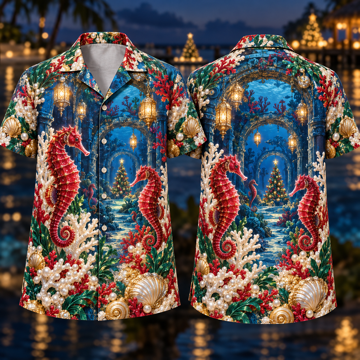 Digital mockup: front and back of one AlohaVero Christmas Ruby Seahorse Pearl Coral Lantern Arch No Pocket Hawaiian shirt