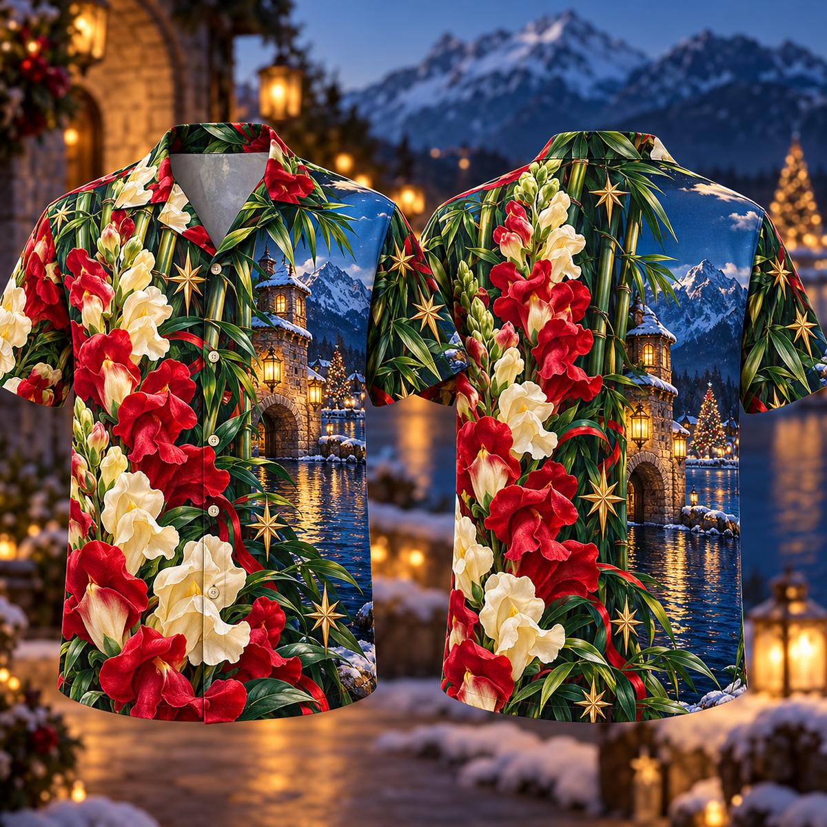 Digital mockup: front and back of one AlohaVero Christmas Ruby Snapdragon Ivory Star Emerald Bamboo Sapphire Snowy Lantern Lakeside Gatehouse No Pocket Hawaiian shirt