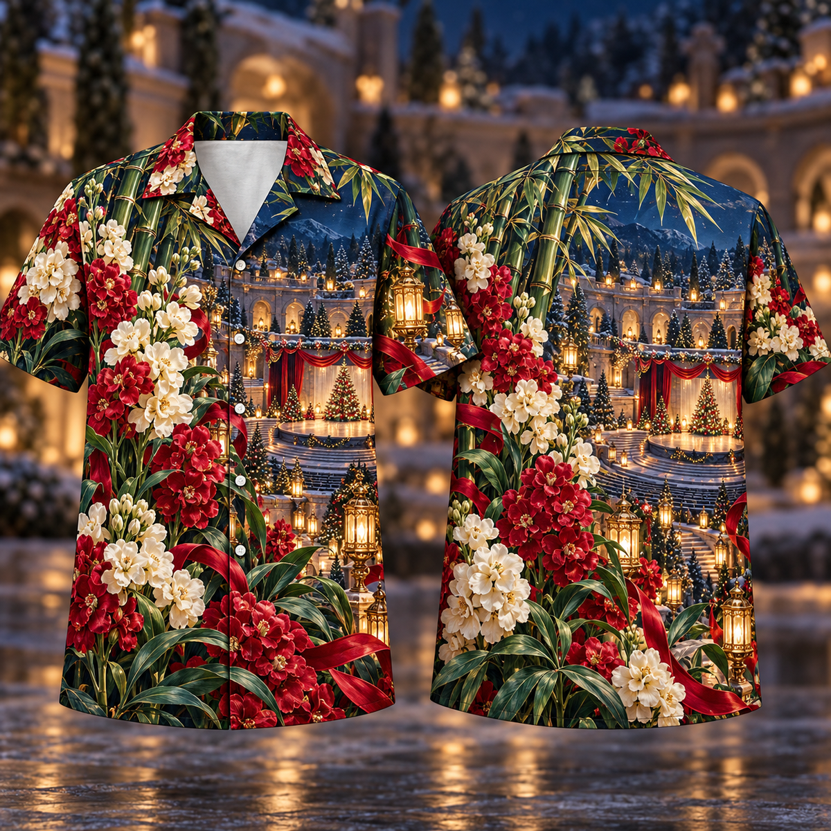 Digital mockup: front and back of one AlohaVero Christmas Ruby Stock Ivory Ribbon Emerald Bamboo Sapphire Lantern Amphitheater No Pocket Hawaiian shirt