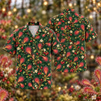 Digital mockup: front and back of one AlohaVero Christmas Ruby Sundew Pine Aloha No Pocket Hawaiian shirt