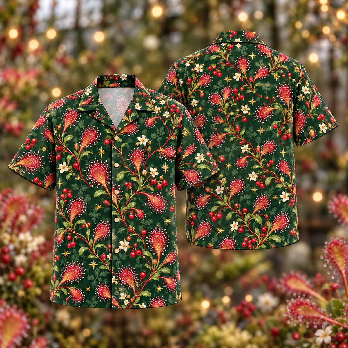 Digital mockup: front and back of one AlohaVero Christmas Ruby Sundew Pine Aloha No Pocket Hawaiian shirt