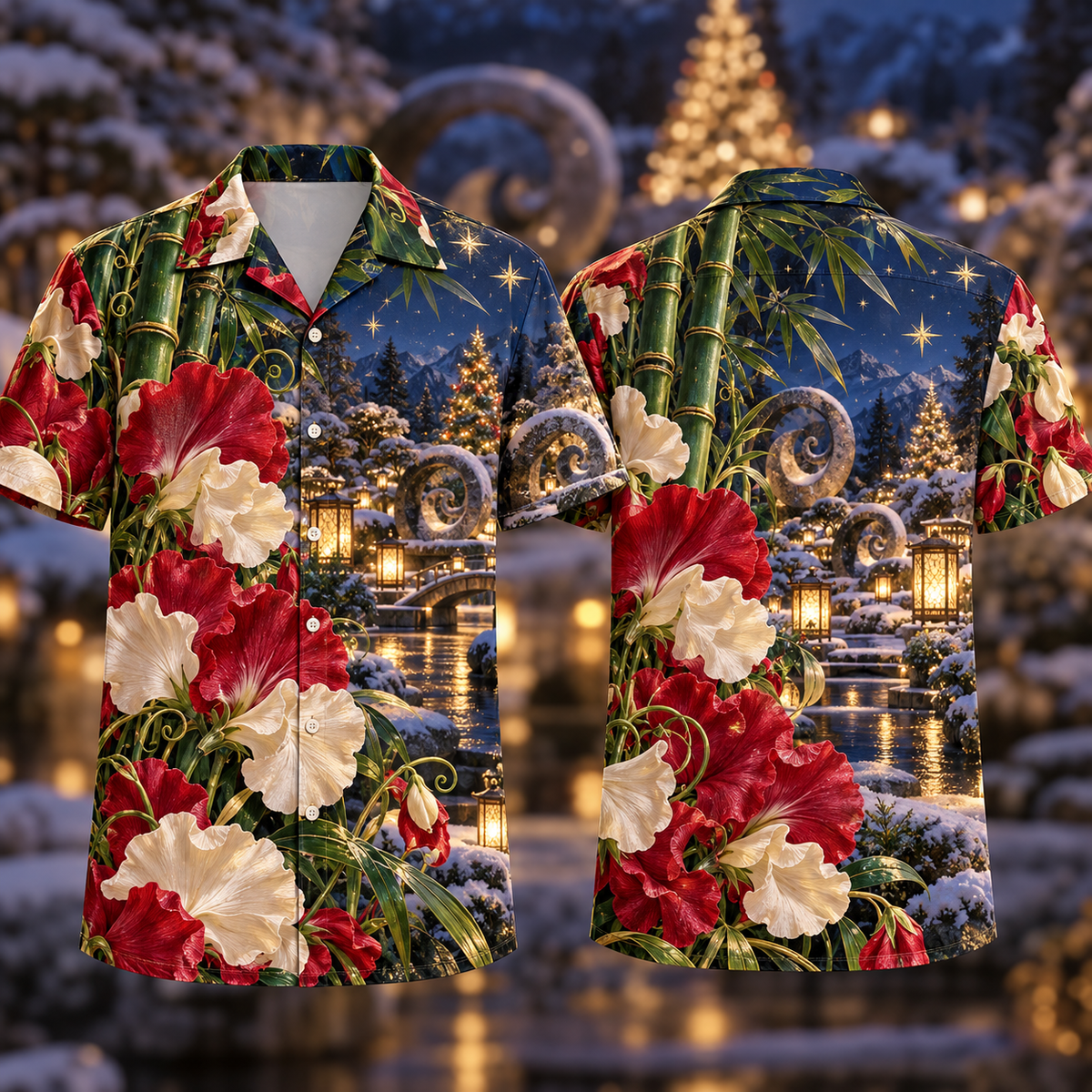 Digital mockup: front and back of one AlohaVero Christmas Ruby Sweet Pea Ivory Star Emerald Bamboo Sapphire Sculpture Garden No Pocket Hawaiian shirt