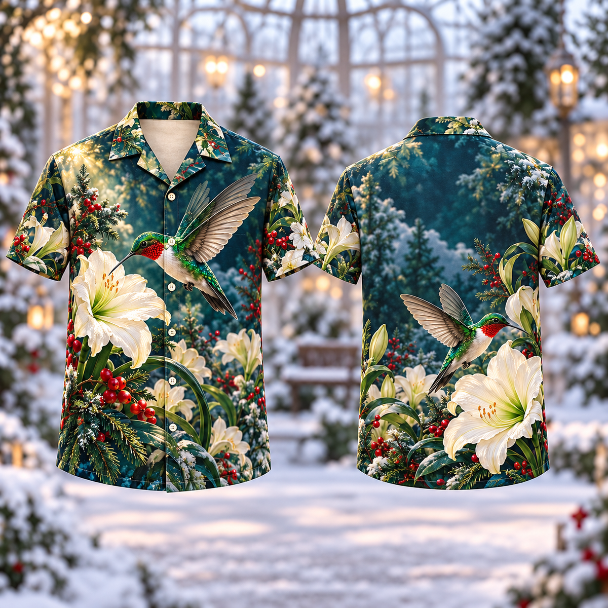 Digital mockup: front and back of one AlohaVero Christmas Ruby Throat Hummingbird Ivory Amaryllis No Pocket Hawaiian shirt