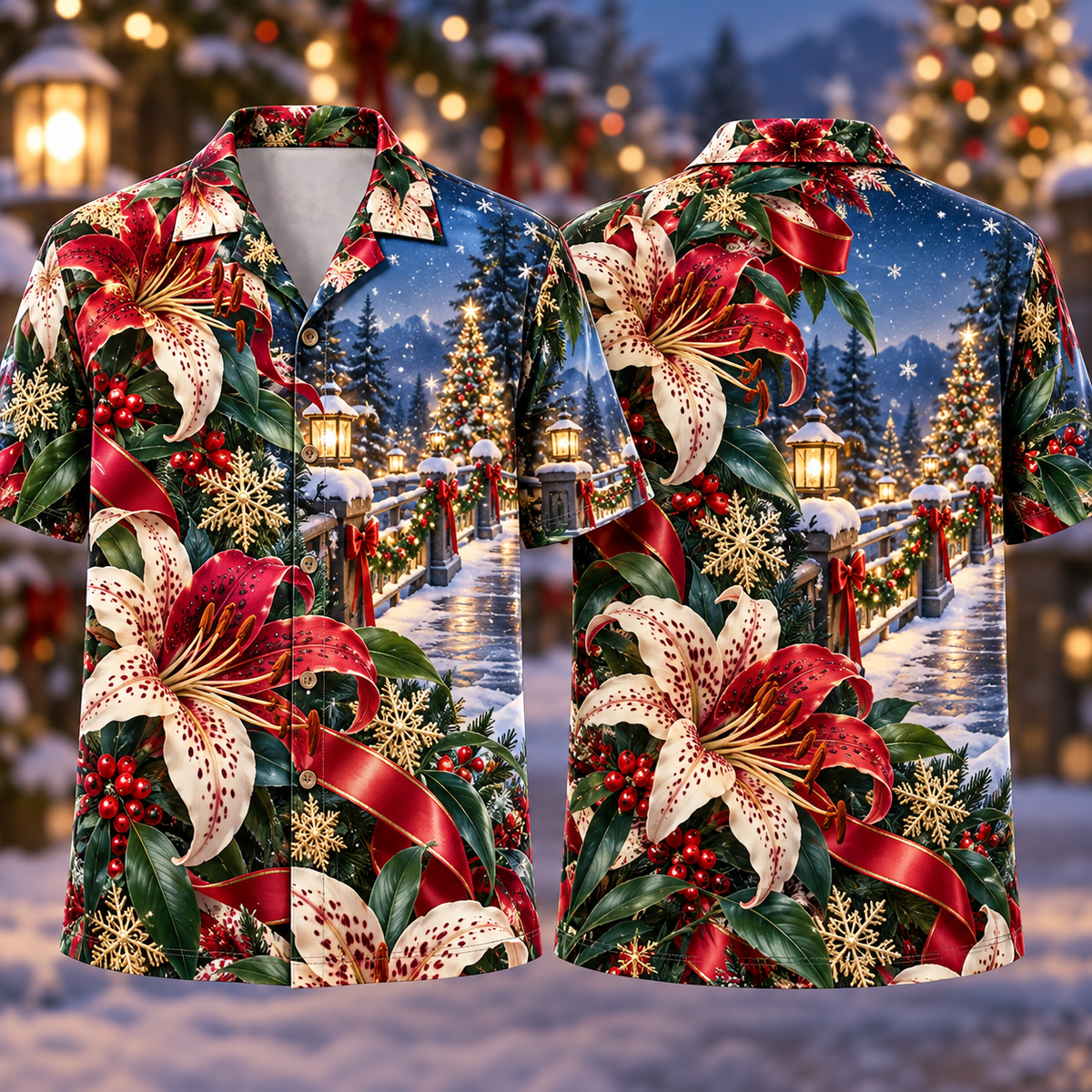 Digital mockup: front and back of one AlohaVero Christmas Ruby Tiger Lily Ivory Ribbon Sapphire Lantern Winter Bridge No Pocket Hawaiian shirt