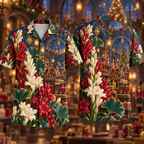Digital mockup: front and back of one AlohaVero Christmas Ruby Tuberose Ivory Star Emerald Ginkgo Sapphire Toy Workshop No Pocket Hawaiian shirt