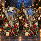 Digital mockup: front and back of one AlohaVero Christmas Ruby Tulip Ivory Ribbon Emerald Ivy Sapphire Lantern Snowy Spiral Conservatory No Pocket Hawaiian shirt
