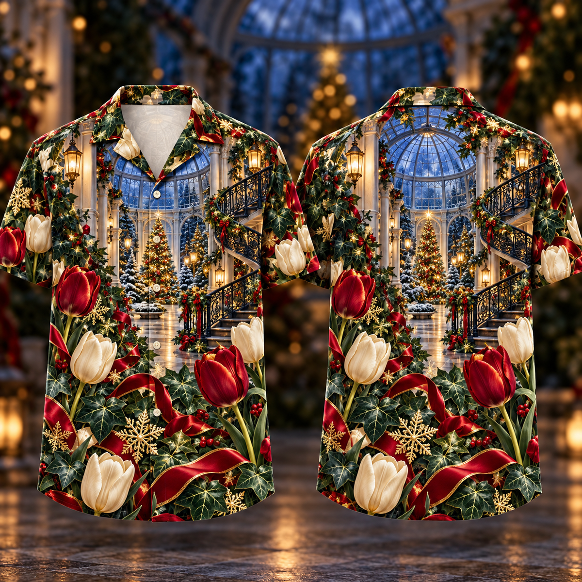 Digital mockup: front and back of one AlohaVero Christmas Ruby Tulip Ivory Ribbon Emerald Ivy Sapphire Lantern Snowy Spiral Conservatory No Pocket Hawaiian shirt