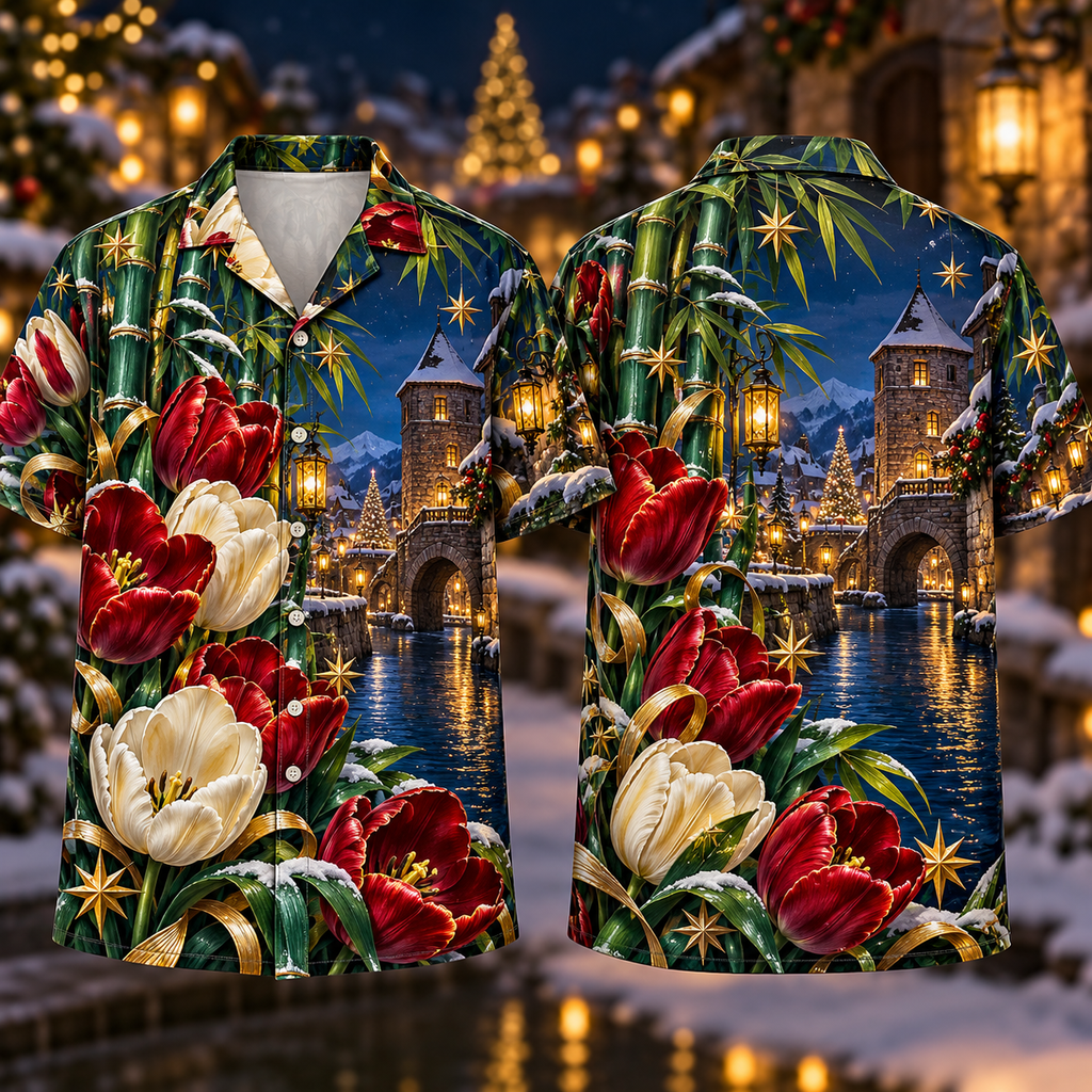 Digital mockup: front and back of one AlohaVero Christmas Ruby Tulip Ivory Star Emerald Bamboo Sapphire Snowy Lantern Canal Gatehouse No Pocket Hawaiian shirt