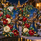 Digital mockup: front and back of one AlohaVero Christmas Ruby Tulip Ivory Star Emerald Bamboo Sapphire Snowy Lantern Canal Gatehouse No Pocket Hawaiian shirt