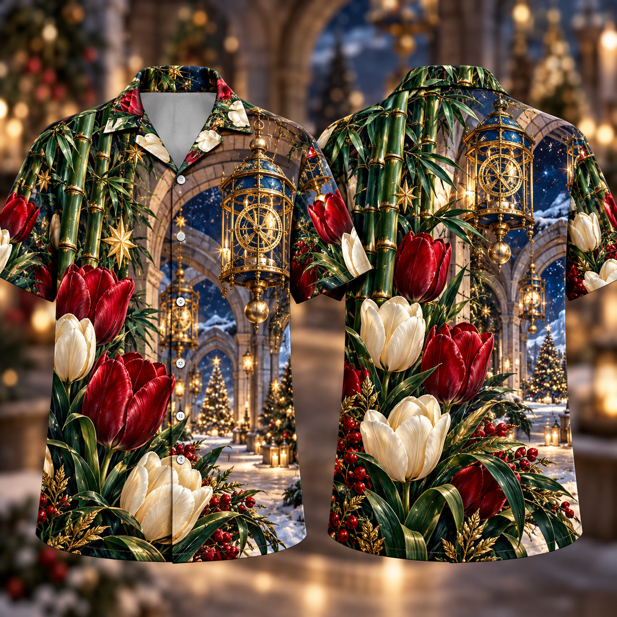 Digital mockup: front and back of one AlohaVero Christmas Ruby Tulip Ivory Star Emerald Bamboo Sapphire Snowy Lantern Clock Arcade No Pocket Hawaiian shirt