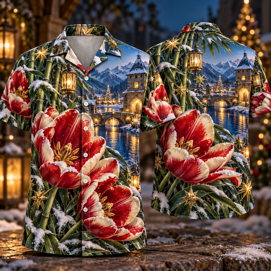 Digital mockup: front and back of one AlohaVero Christmas Ruby Tulip Ivory Star Emerald Bamboo Sapphire Snowy Lantern Riverside Gatehouse No Pocket Hawaiian shirt