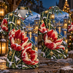 Digital mockup: front and back of one AlohaVero Christmas Ruby Tulip Ivory Star Emerald Bamboo Sapphire Snowy Lantern Riverside Gatehouse No Pocket Hawaiian shirt