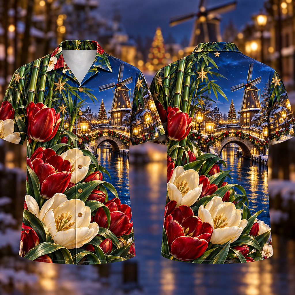 Digital mockup: front and back of one AlohaVero Christmas Ruby Tulip Ivory Star Emerald Bamboo Sapphire Snowy Lantern Windmill Bridge No Pocket Hawaiian shirt