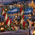 Digital mockup: front and back of one AlohaVero Christmas Ruby Veronica Ivory Star Emerald Ivy Sapphire Snowy Lantern Marina No Pocket Hawaiian shirt