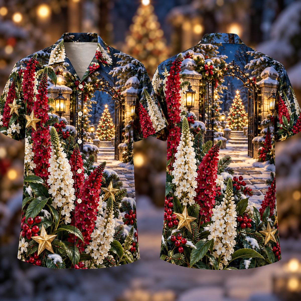 Digital mockup: front and back of one AlohaVero Christmas Ruby Veronica Ivory Star Sapphire Lantern Snowy Garden Gate No Pocket Hawaiian shirt