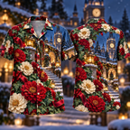 Digital mockup: front and back of one AlohaVero Christmas Ruby Zinnia Ivory Ribbon Emerald Ivy Sapphire Snowy Clocktower No Pocket Hawaiian shirt
