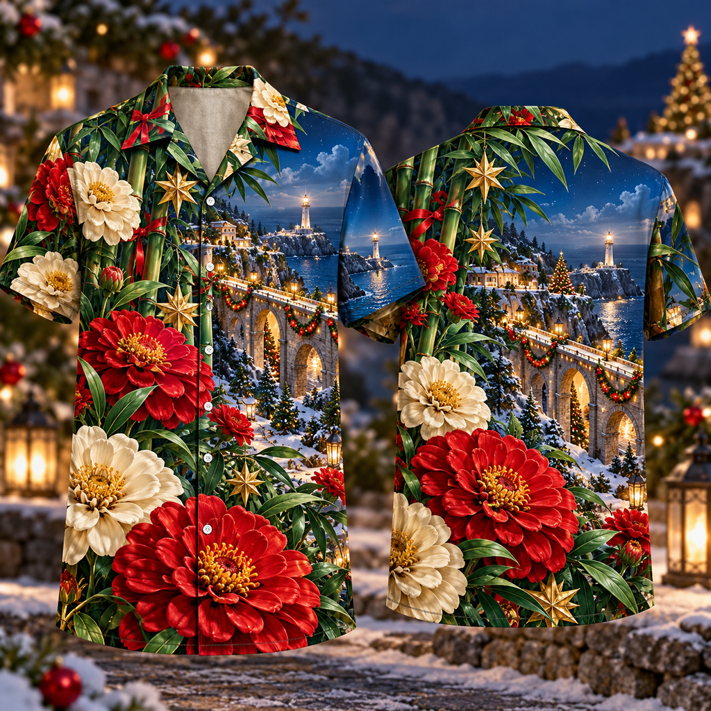 Digital mockup: front and back of one AlohaVero Christmas Ruby Zinnia Ivory Star Emerald Bamboo Sapphire Snowy Lantern Coastal Viaduct No Pocket Hawaiian shirt