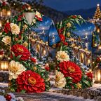 Digital mockup: front and back of one AlohaVero Christmas Ruby Zinnia Ivory Star Emerald Bamboo Sapphire Snowy Lantern Coastal Viaduct No Pocket Hawaiian shirt